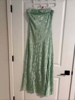 Mint Green Strapless Satin Gown with Side Slit